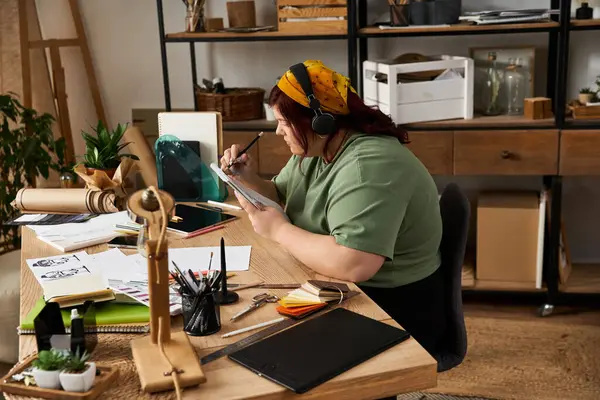 Creative woman focuses intensely on her artwork in a stylish art studio brimming with inspiration. — Stock Photo