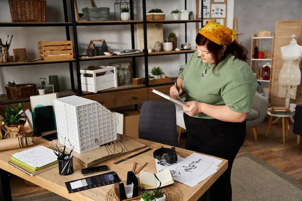 A beautiful woman concentrates on her art project in a chic, inspiring studio. — Stock Photo