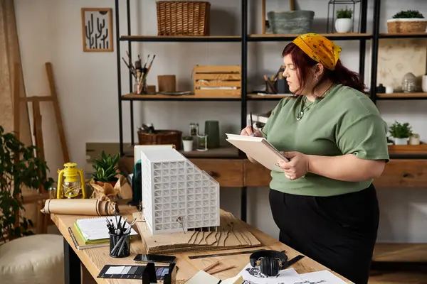 Elegant woman creates art in a bright studio filled with tools and materials. — Stock Photo
