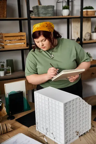 In a vibrant art studio, a pretty woman is focused on sketching her creative ideas on a drawing pad. — Stock Photo