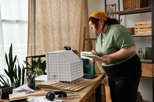 Focused woman captures ideas while working on a unique architectural model in a vibrant art studio — Stock Photo