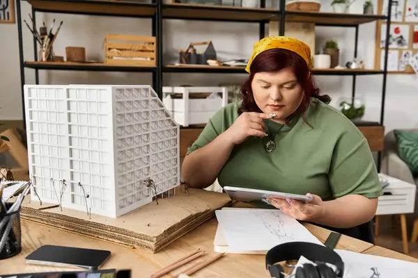 An elegant and pretty woman engages in creativity within a bright art studio, sketching her vision. — Stock Photo