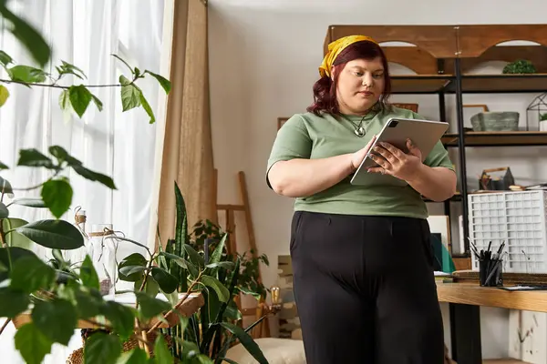 Elegant woman engages with her tablet, surrounded by artistic elements and greenery in the studio. — Stock Photo