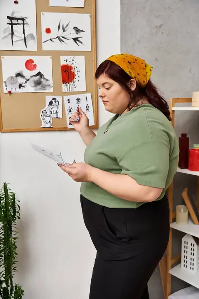 An elegant woman engages in artistic creation while analyzing her artwork in a studio. — Stock Photo