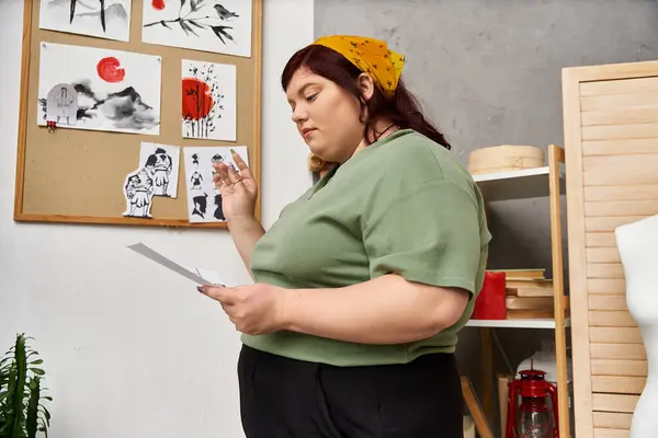 Pretty woman in an art studio thoughtfully reviews her creative ideas while surrounded by artwork. — Stock Photo
