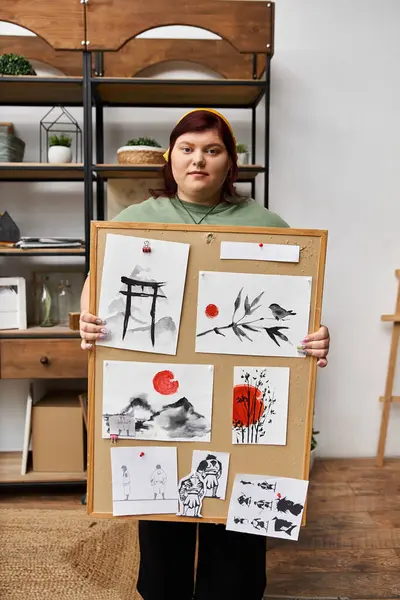 Pretty woman proudly displays her artistic creations on a wooden board in a bright studio setting. — Stock Photo