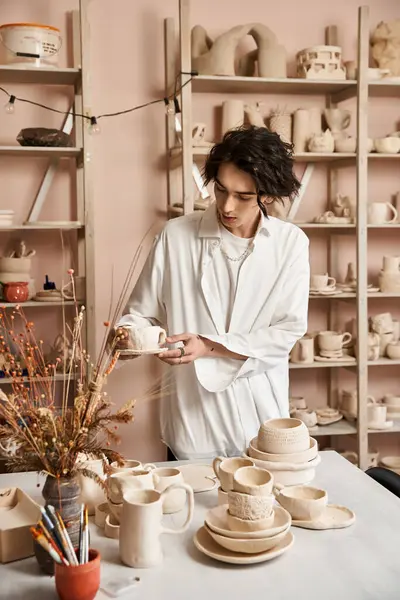 A stylish man carefully crafts ceramics in a lively pottery studio adorned with artistic pieces. — Stock Photo