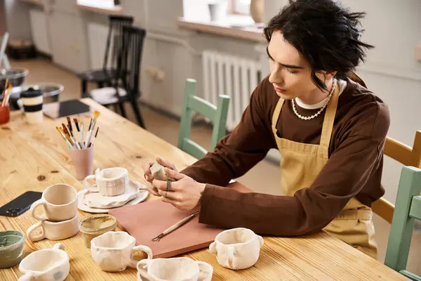 A talented man crafts pottery at a creative studio, surrounded by tools and unique ceramic pieces. — Stock Photo