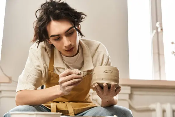 Un hombre apuesto moldea cuidadosamente la cerámica en su moderno estudio de cerámica, mostrando creatividad. - foto de stock