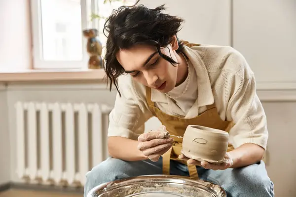 A talented man focuses on crafting a unique pottery piece in a vibrant creative space. — Stock Photo