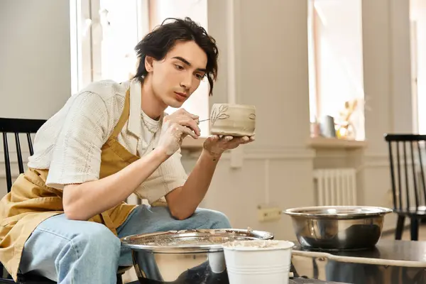 A talented young man actively shapes and decorates clay pottery in a bright studio setting. — Stock Photo