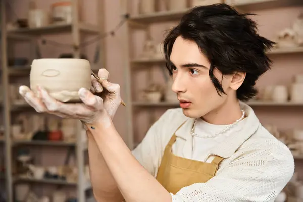A talented man intensely shapes a ceramic bowl in a colorful and creative pottery studio. — Stock Photo