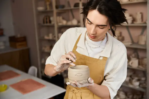 Handsome man carefully decorates pottery in a cozy studio filled with artistic inspiration. — Stock Photo