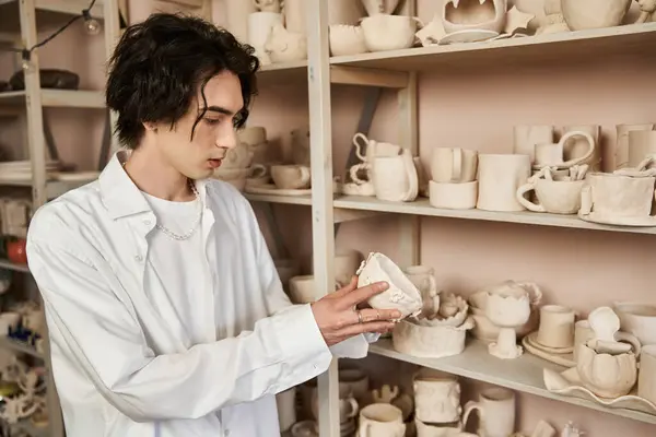 A stylish man inspects intricate ceramics in a vibrant, artistic pottery studio. — Stock Photo