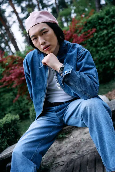 Un giovane uomo asiatico posa fiducioso in un vestito di denim circondato da verde lussureggiante. — Foto stock