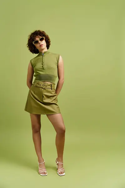 A confident young woman with curly hair models a trendy summer outfit in vibrant green shades. — Stock Photo