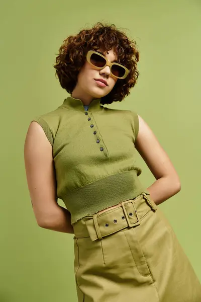 A confident young woman flaunts her style in a chic summer outfit and curly hair. — Stock Photo