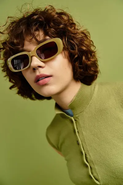 A young woman with curly hair poses confidently in a trendy summer outfit. — Stock Photo