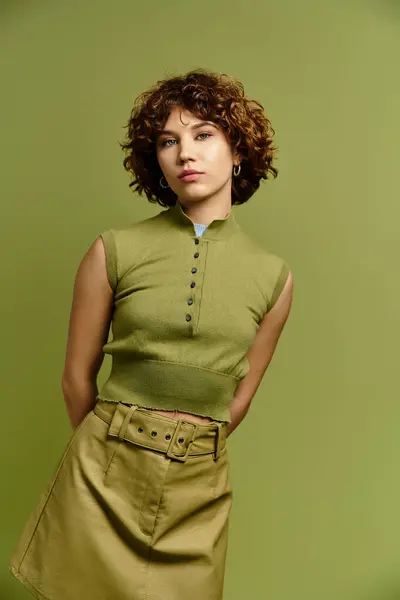 A young woman with short curly hair confidently poses in a stylish summer outfit, radiating fashion. — Stock Photo