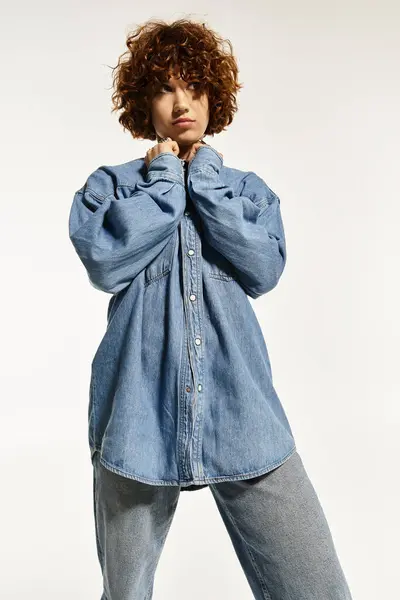 Young woman poses in relaxed denim outfit, embracing summer fashion against a clean backdrop. — Stock Photo
