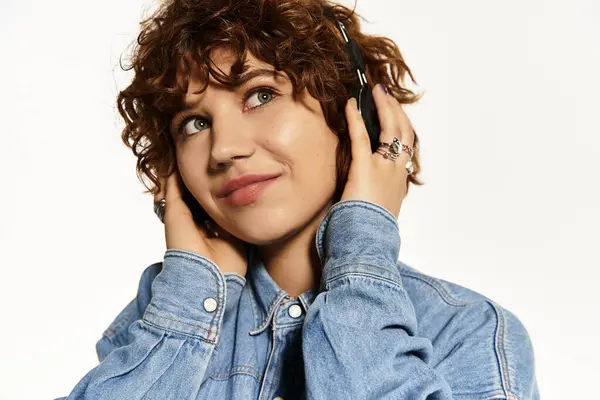 A young woman with curly hair poses stylishly while wearing a denim shirt and headphones — Stock Photo