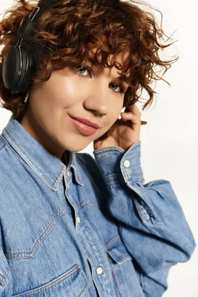 A stylish woman in a denim shirt and headphones radiates summer vibes against a white backdrop. — Stock Photo