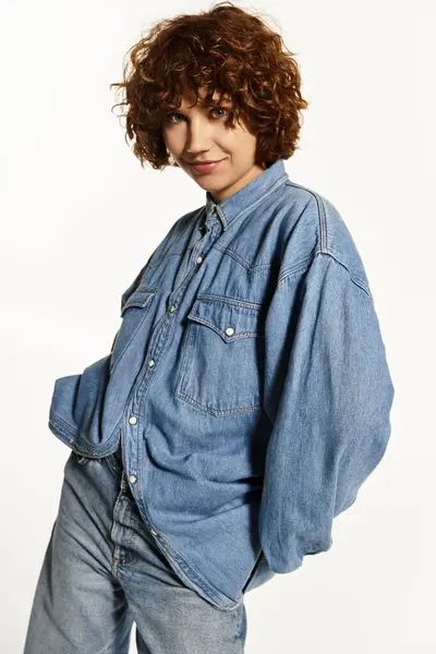 A young woman with short curly hair confidently poses in denim attire, radiating effortless style. — Stock Photo