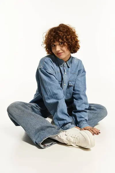 Una mujer joven con el pelo rizado corto posa con confianza en una camisa de mezclilla y jeans. — Stock Photo