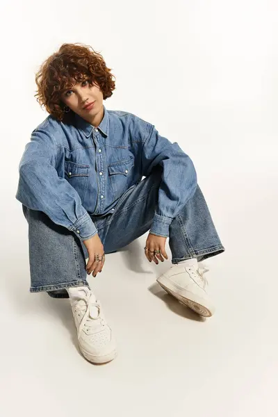Mujer de pelo rizado posa con estilo en una camisa de mezclilla y jeans, exudando vibraciones de verano. — Stock Photo