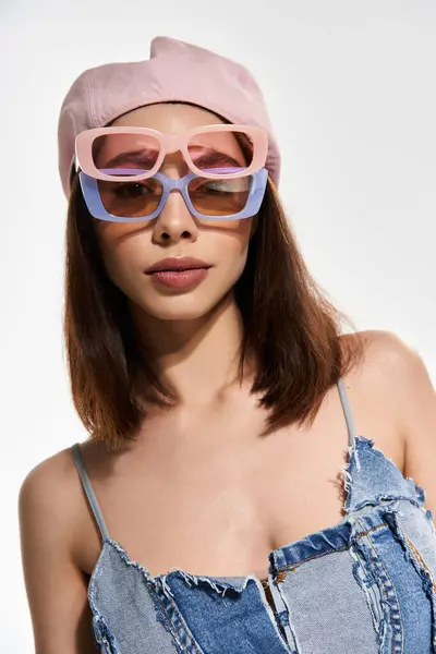 Young woman displays her unique style with colorful glasses and casual denim on a bright day. — стокове фото