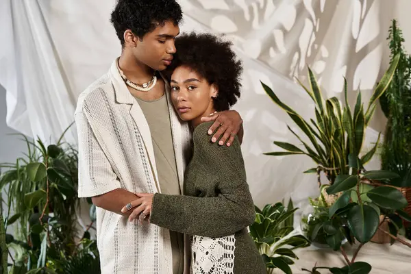 Stylish young couple shares a tender moment in a vibrant indoor space filled with plants. — Stock Photo