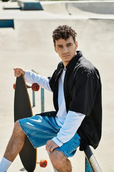 Un giovane uomo si siede su una ringhiera del parco con uno skateboard, osservando casualmente i suoi dintorni. — Stock Photo