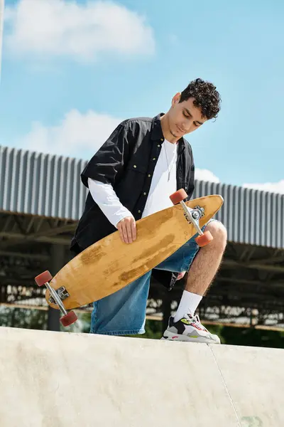 A guy stands on a ramp at the park, holding his skateboard while soaking in the sunny weather. — Stock Photo
