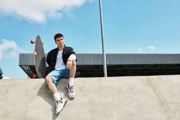 A young man sits on a concrete ledge at a park, holding a skateboard, enjoying the sunny weather. — Stock Photo