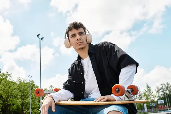 A young man enjoys leisure in the park, basking in bright sunshine with his skateboard. — Stock Photo