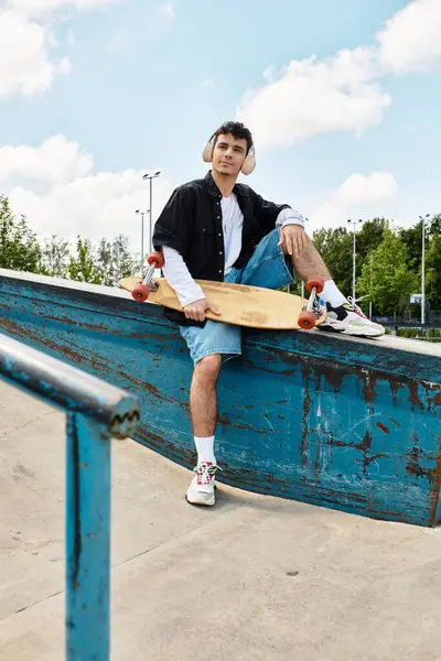 A young man sits casually at a park skate ramp, holding his skateboard, taking in the sun. — Stock Photo