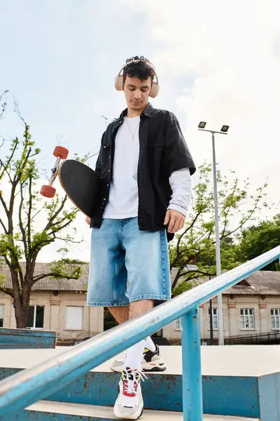 A young man in casual attire rides his skateboard while listening to music outdoors in a park. — Stock Photo