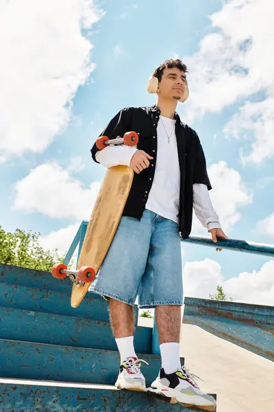 A young man stands at a park, wearing casual attire and holding his skateboard, soaking in the sun. — Stock Photo