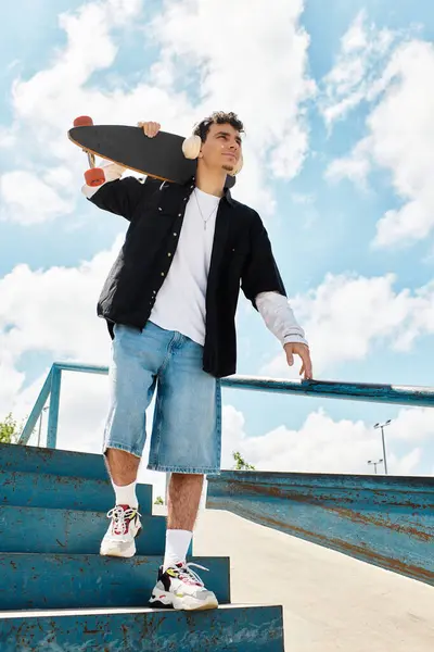A young man strides confidently down park steps, holding his skateboard in the sunlight. — Stock Photo