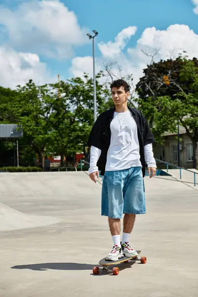 A young man rides a longboard in a vibrant park setting, showcasing his skills under the sun. — Stock Photo