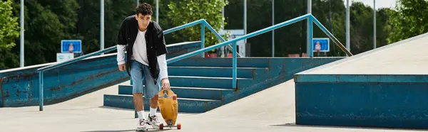 A young man skates down a ramp in a park, holding his skateboard with joy and determination. — Stock Photo