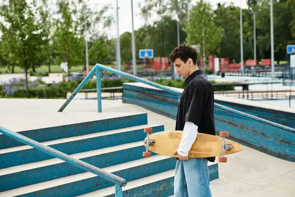 Un joven se para pensativamente en un parque, monopatín en mano, rodeado de un ambiente sereno. - foto de stock