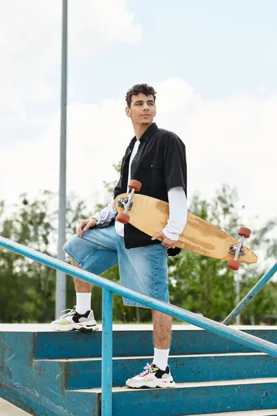 In a vibrant park setting, a young man stands confidently on steps, skateboard ready for action. — Stock Photo