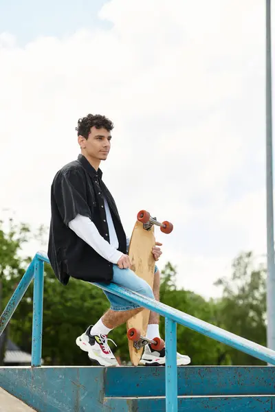 A young man sits on a metal railing with his skateboard, enjoying the warm park atmosphere. — Stock Photo