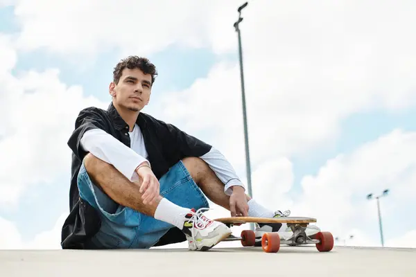 A young individual sits comfortably on the ground in a park while resting beside his skateboard. — Stock Photo