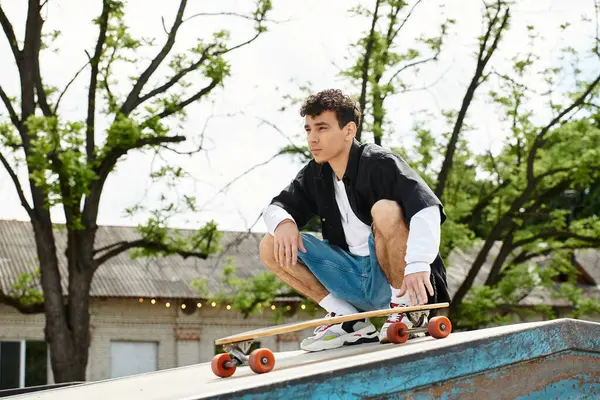 Un joven se agacha en un monopatín, mostrando sus habilidades en un animado entorno de parque. - foto de stock