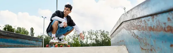 A young man crouches on his skateboard, focusing intently on his next move in the park. — Stock Photo