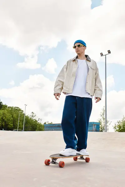 A young guy is confidently skating on his skateboard in a lively park under bright blue skies. — Stock Photo