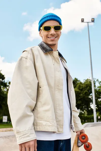 A young guy in stylish attire stands confidently at the park, ready to skateboard and enjoy the day. — Stock Photo