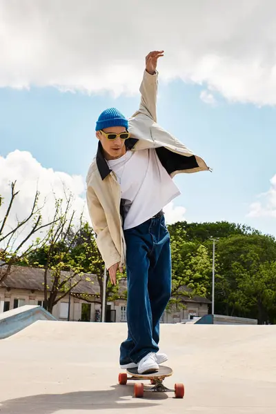 A young man skillfully skates in a lively park, showcasing his style and talent. — Stock Photo